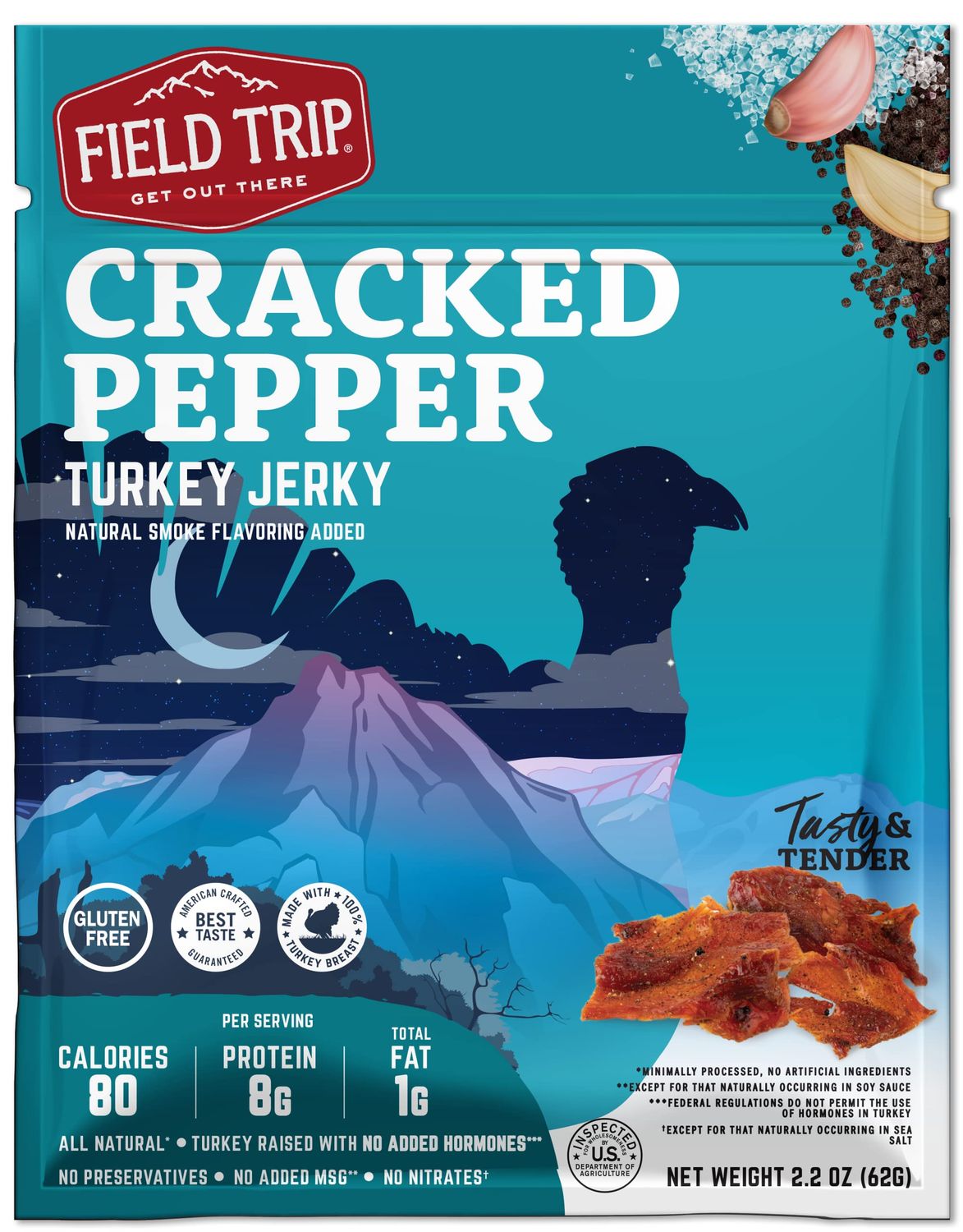 Field Trip Turkey Jerky, Keto Gluten Free Jerky, Low Carb, High Protein Snacks, No Nitrates, Cracked Pepper 2.2oz, 1 Pack