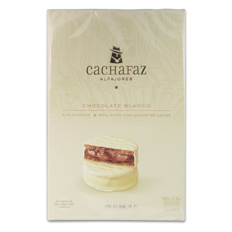 Cachafaz Alfajor Blanco Real White Chocolate Ganache Glaze Cookie Sandwich Filled with Dulce de Leche: 6 Units