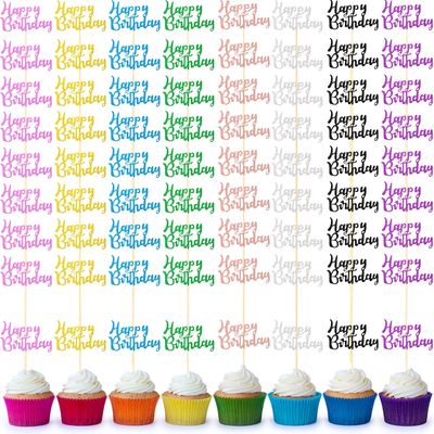 Boao 64 Pieces Happy Birthday Cupcake Toppers Glitter Birthday Cake Topper Picks Dessert Topper Decoration for Birthday Party Anniversary Celebration, 8 Colors