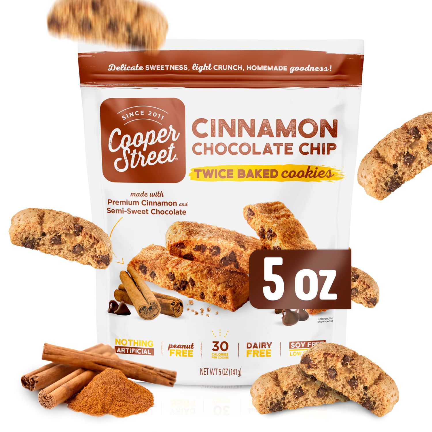 Cooper Street Italian Biscotti Cookies - Twice Baked Biscotti Style Cookie Biscuits in Delicious Cinnamon Chocolate Chip | Crispy, Light and Healthy Cookies | Peanut &amp; Dairy Free | 5oz | 1 Pack