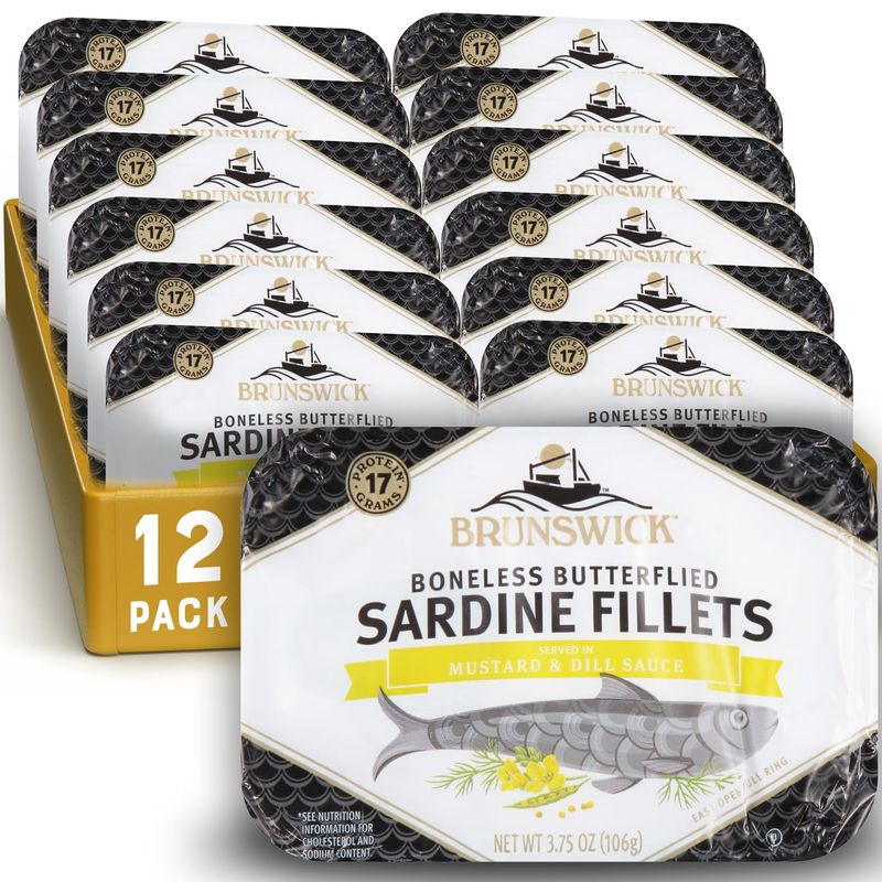 Brunswick Wild Caught Sardine Fillets in Mustard &amp; Dill Sauce, 3.75 oz Can (Pack of 12) - 17g Protein per Serving - Gluten Free, Keto Friendly - Great for Pasta &amp; Seafood Recipes