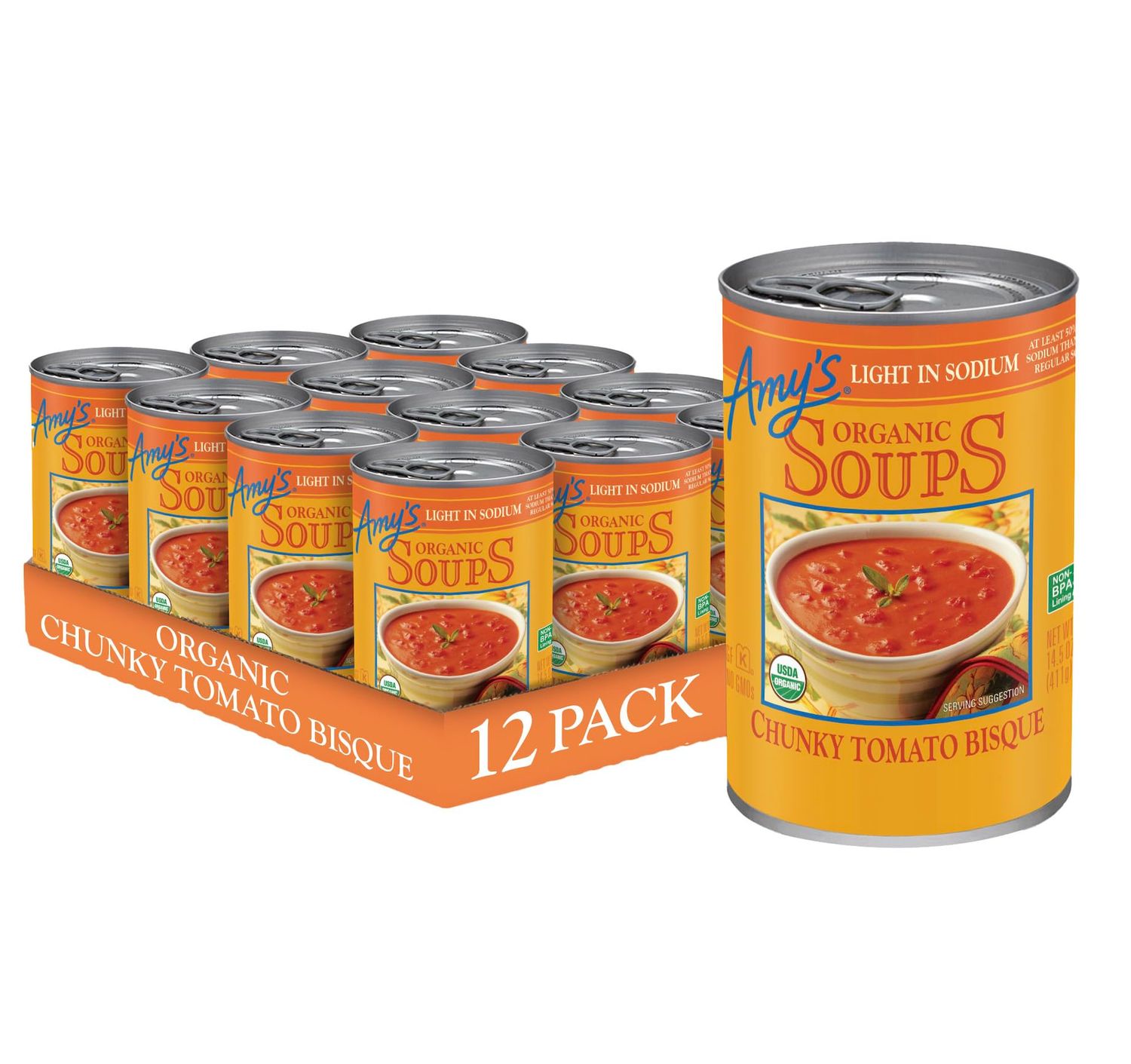 Amys Soup, Chunky Tomato Bisque, Light in Sodium, Gluten Free, Made With Organic Tomatoes and Cream, Canned Soup, 14.5 Oz (12 Pack)