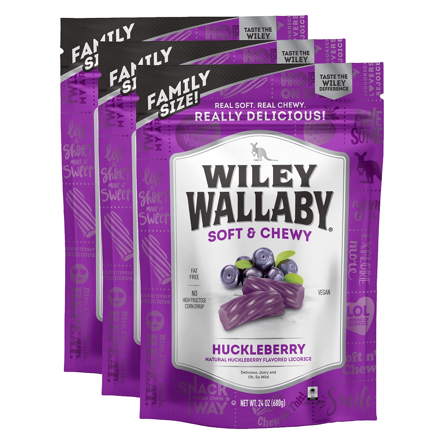 Wiley Wallaby Licorice 24 Ounce Classic Gourmet Soft &amp; Chewy Australian Huckleberry Licorice Candy Twists, 3 Pack
