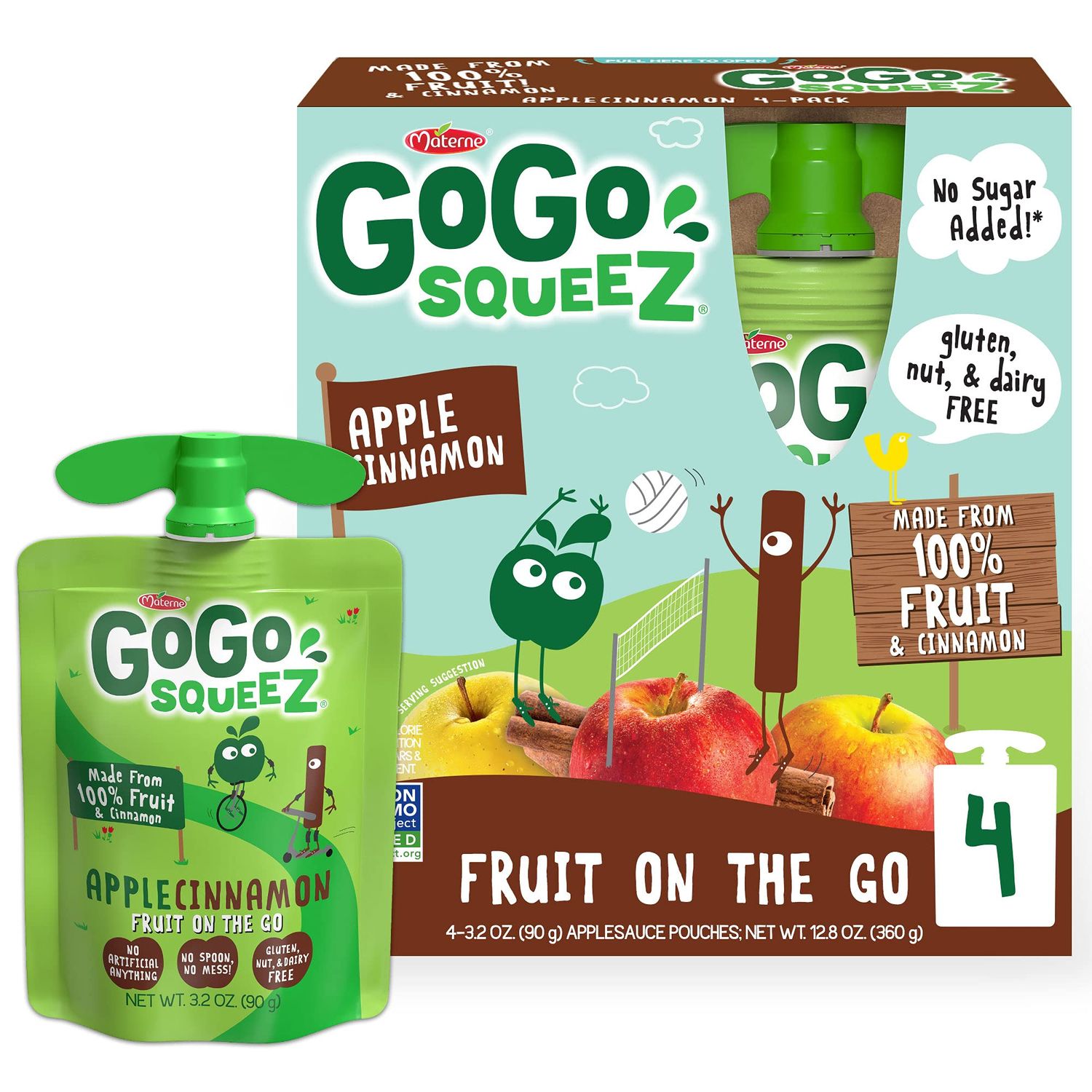 GoGo squeeZ Fruit on the Go, Apple Cinnamon, 3.2 oz (Pack of 4), Unsweetened Fruit Snacks for Kids, Gluten Free, Nut Free and Dairy Free, Recloseable Cap, BPA Free Pouches