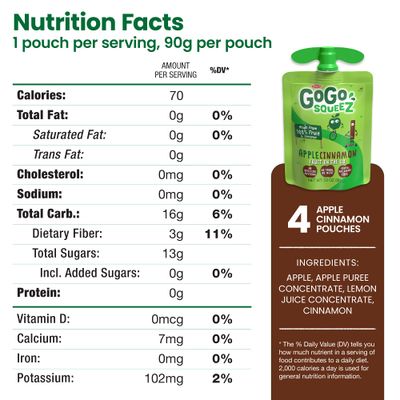 GoGo squeeZ Fruit on the Go, Apple Cinnamon, 3.2 oz (Pack of 4), Unsweetened Fruit Snacks for Kids, Gluten Free, Nut Free and Dairy Free, Recloseable Cap, BPA Free Pouches
