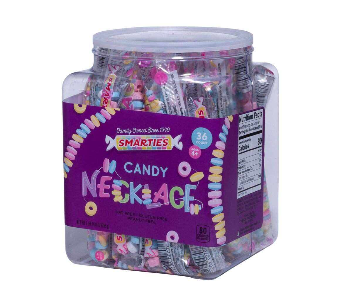 Smarties Candy Necklace Individually Wrapped Gluten Free &amp; Vegan Fruit Flavored Hard Candy Bulk on Stretch String Party Favors Birthdays &amp; Halloween Celebrations 4 Necklaces Per Tub - 36 Count