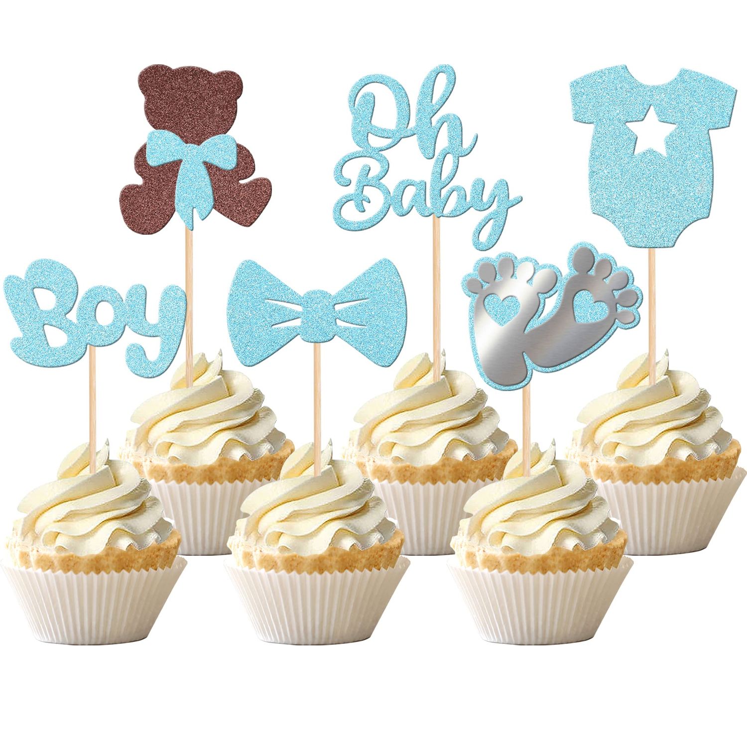 24 PCS Oh Baby Cupcake Toppers with Glitter Bow Dress Feet Bear It&#39;s a Boy Cupcake Picks for Baby Shower Boy Birthday Party Cake Decorations Supplies Light Blue