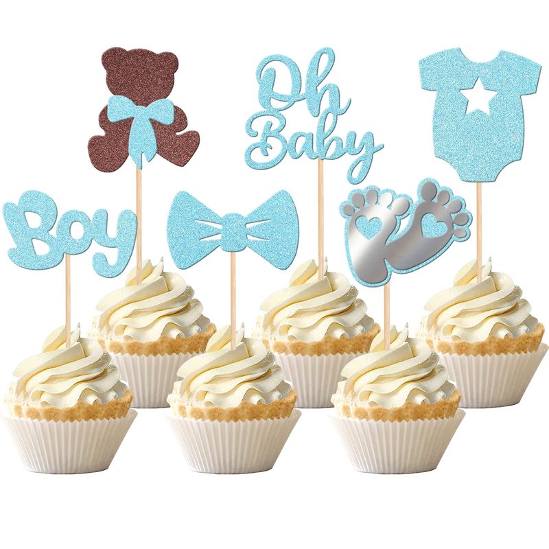 24 PCS Oh Baby Cupcake Toppers with Glitter Bow Dress Feet Bear It&#39;s a Boy Cupcake Picks for Baby Shower Boy Birthday Party Cake Decorations Supplies Light Blue