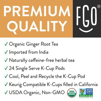 Organic Ginger Tea K-Cup Pods, 24 Pods by FGO - Keurig Compatible - Naturally Caffeine-Free Herbal Tea, Premium Ginger Tea is USDA Organic, Non-GMO, &amp; Recyclable