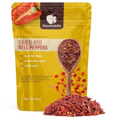 Gourmanity Dried Red Bell Peppers, Flavorful Diced Peppers Fresh and Appetizing, Perfect for Ramen Bae Ramen Toppings Soups Stir-Frys and Stews, All Natural, Resealable 4oz Bag.