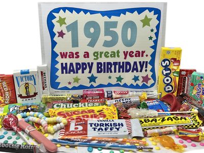 RETRO CANDY YUM ~ 1950 74th Birthday Gift Basket Box of Nostalgic Retro 50s Candy from Childhood for 74 Years Old Man or Woman Born 1950