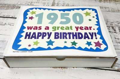 RETRO CANDY YUM ~ 1950 74th Birthday Gift Basket Box of Nostalgic Retro 50s Candy from Childhood for 74 Years Old Man or Woman Born 1950