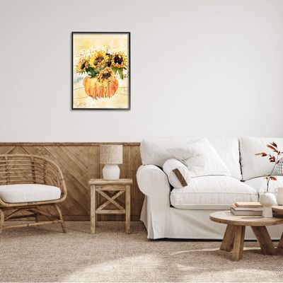 Stupell Industries Give Thanks Phrase Orange Pumpkin Sunflower Floral Burst Black Framed Wall Art, 24 x 30, Yellow