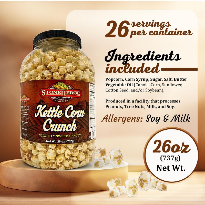 Stonehedge Farms Kettle Corn Crunch Popcorn | 26 oz Large Tub | Perfect for Holidays and Christmas | Bulk Gourmet Popped Flavored Sweet Snacks | Made in the USA