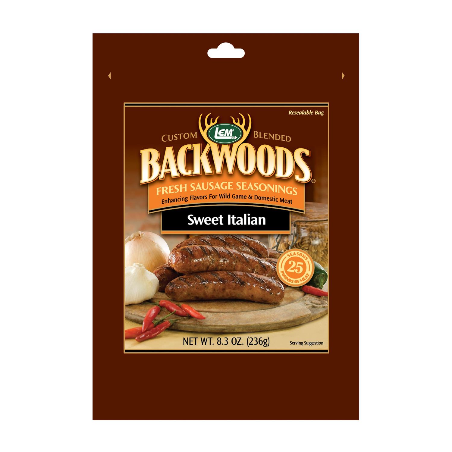LEM Products Backwoods Sweet Italian Fresh Sausage Seasoning, Ideal for Wild Game and Domestic Meat, Seasons Up to 25 Pounds of Meat, 8.3 Ounce Packet