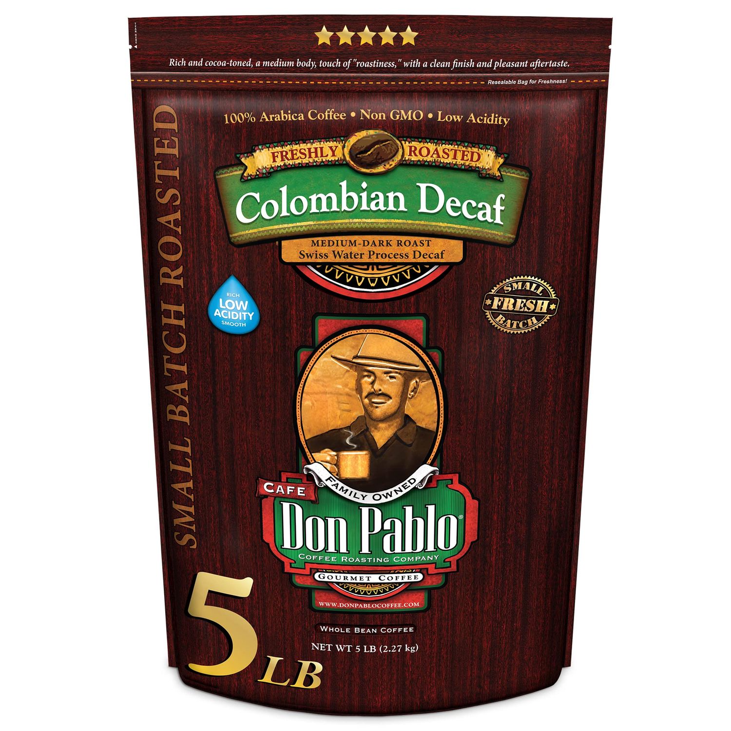 5LB Don Pablo Colombian Decaf - Swiss Water Process Decaffeinated - Medium-Dark Roast - Whole Bean Coffee - Low Acidity - 5 Pound (5 lb) Bag