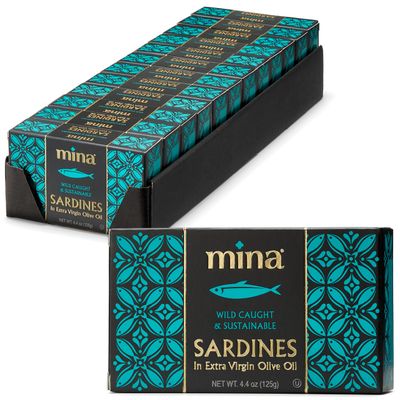 Mina Sardines in Extra Virgin Olive Oil, 4.4 Ounce Wild Caught Sardines, Responsibly Sourced, Packed By Hand, Low Sodium, High in Protein, Keto, Paleo, Sardines in Olive Oil (Pack of 12)