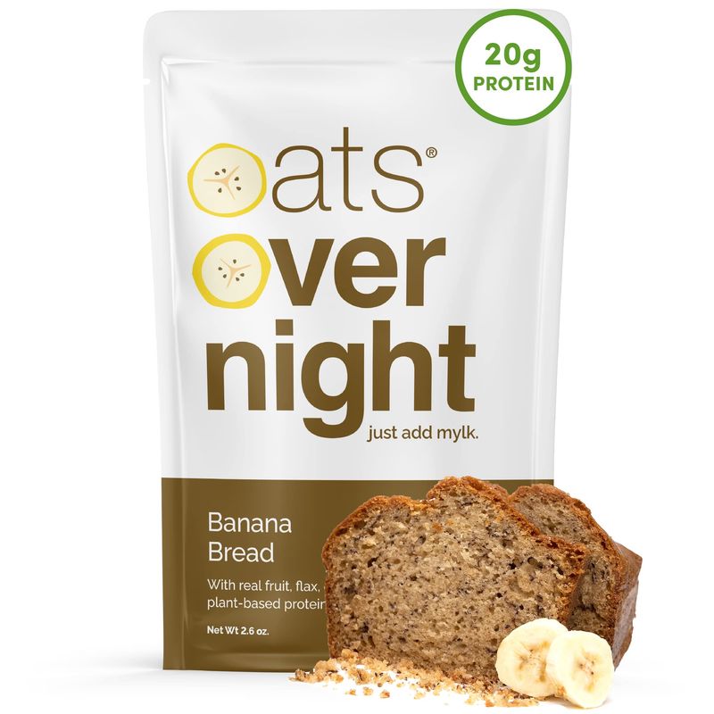 Oats Overnight Banana Bread - Vegan Overnight Oats with 20g Protein, High Fiber Breakfast Protein Shake - Gluten Free Oatmeal, Non GMO High Protein Oatmeal (2.6 oz per meal) (24 Pack)