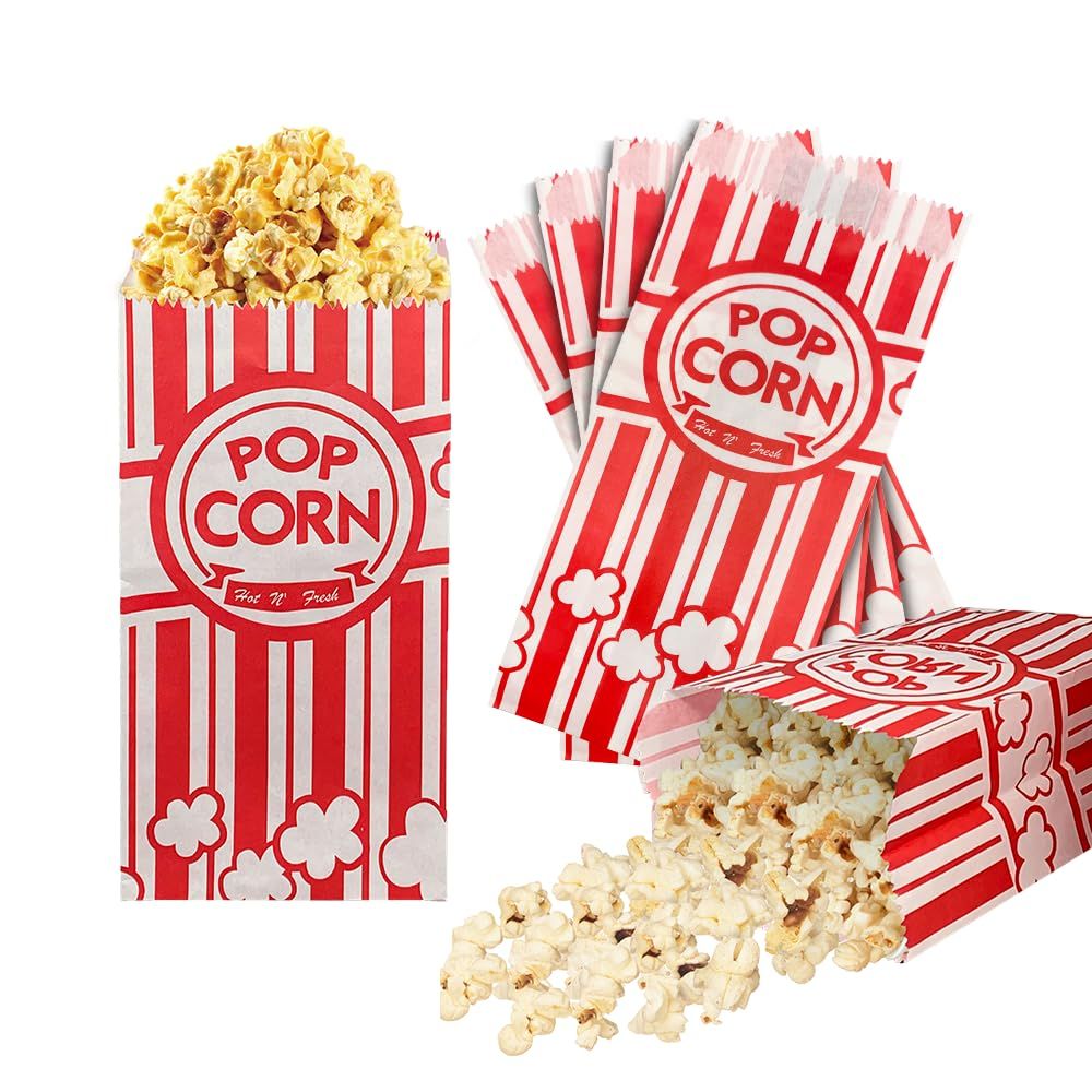 100 Pieces 1 OZ Popcorn Bags Classic Red &amp; White Stripes Paper Popcorn Bags for Individual Servings Bulk Popcorn Bag for Carnival Themed Party, Movie Night, Birthday, Decorations (100)