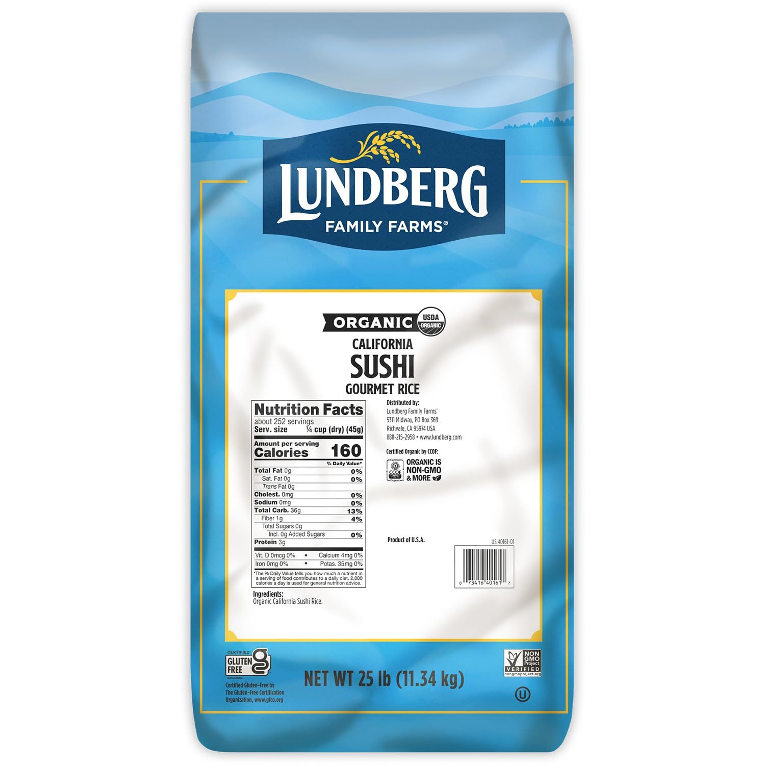 Lundberg Organic California Sushi Rice - Short Grain Rice, White Japanese-Style Sticky Rice for Perfect Sushi Rolls, Rice Bowls, and Mochi, Bulk Rice, 25 Lbs