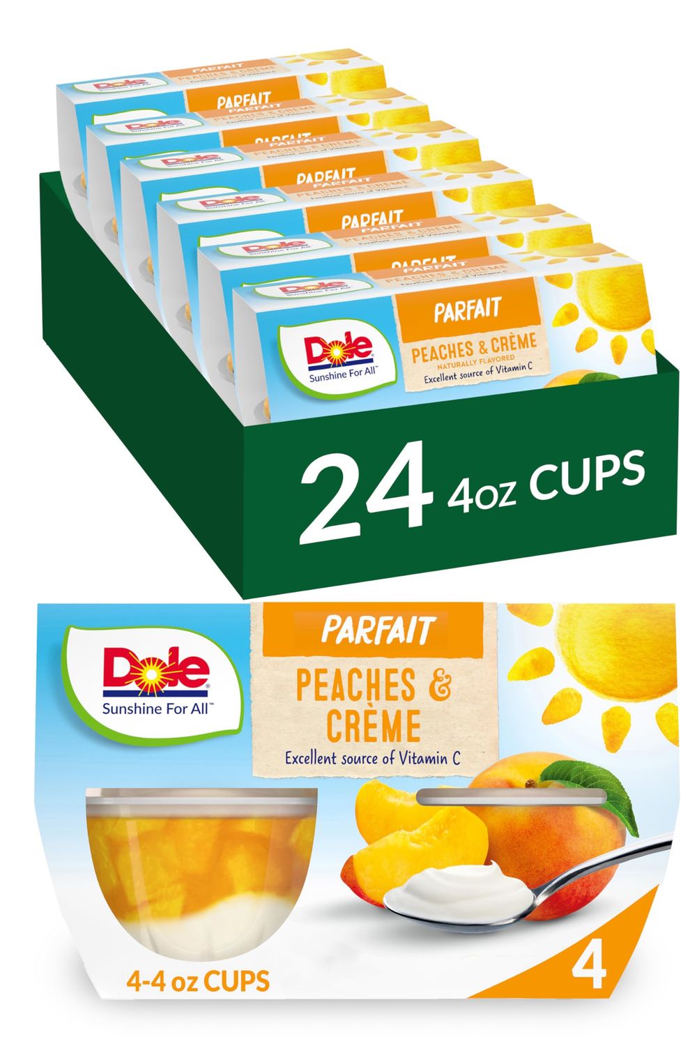 Dole Fruit Bowls Low Fat Peaches &amp; Creme Parfait Snacks, 4.3oz 24 Total Cups, Gluten &amp; Dairy Free, Bulk Lunch Snacks for Kids &amp; Adults