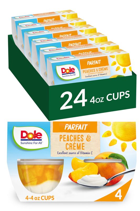 Dole Fruit Bowls Low Fat Peaches &amp; Creme Parfait Snacks, 4.3oz 24 Total Cups, Gluten &amp; Dairy Free, Bulk Lunch Snacks for Kids &amp; Adults