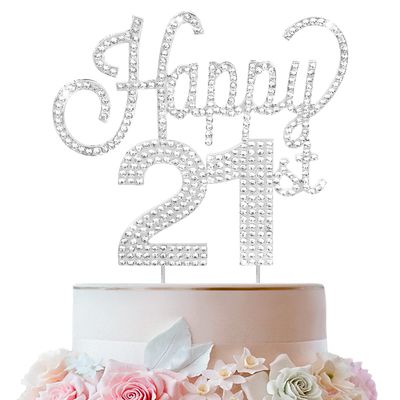 LINGTEER Happy 21st Birthday Silver Rhinestone Cake Topper - Cheers to 21st Birthday 21 Years Old Party Cake Centerpieces Topper Decorations Gift Sign.