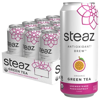 Steaz - Organic Green Tea - Unsweetened Passionfruit (12 Pack) - Antioxidant Brew - 65mg Natural Caffeine, Zero Sugar, 0 Calories, Vitamin C - Unsweetened Iced Tea - Vegan - 12 Cans, 16 fl oz (473mL)