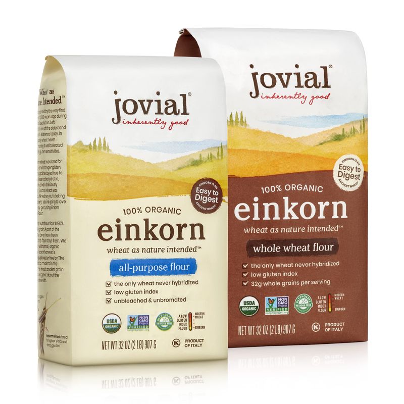 Jovial Einkorn 100% Organic Einkorn Baking Flour Variety Pack (All Purpose Flour &amp; Whole Wheat Flour) - High Protein, Non-GMO, USDA Certified Organic, Product of Italy - 32 Oz, 2 Pack