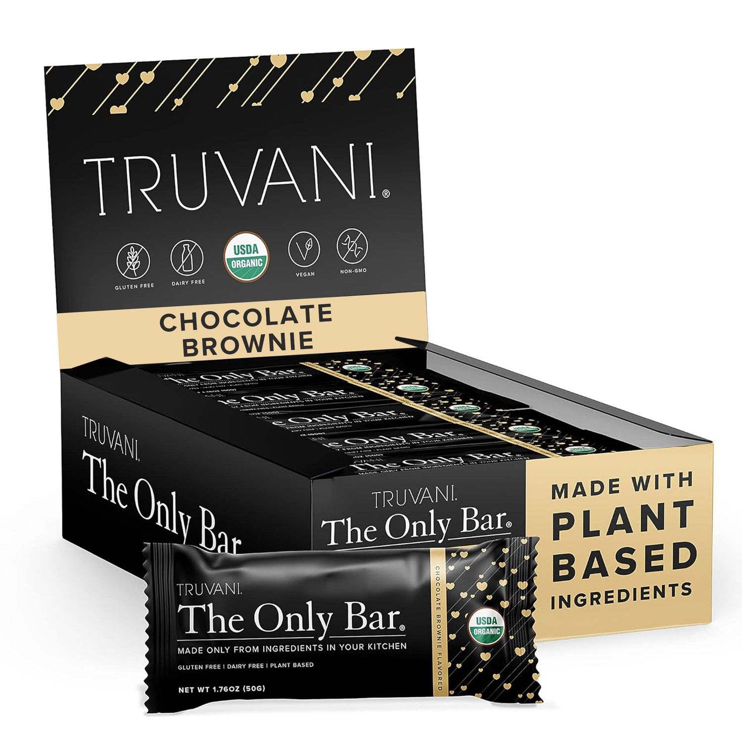Truvani Plant Based Snack Bar | Chocolate Brownie 12 Pack | 7g Protein | USDA Organic and Vegan | The Only Bar | Dairy, Soy, and Gluten Free | Individually Wrapped