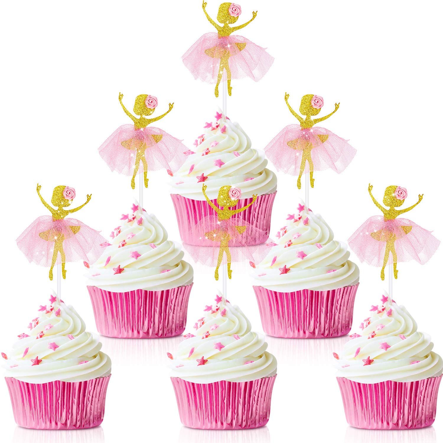 48 Pieces Ballerina Tutu Ballet Dancer Girls Cupcake Toppers Dancing Cake Dessert Muffin Toppers for Wedding Baby Shower Birthday Party