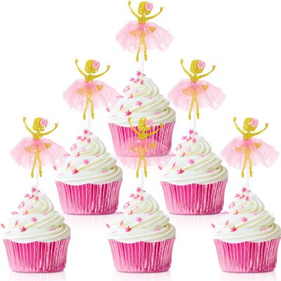 48 Pieces Ballerina Tutu Ballet Dancer Girls Cupcake Toppers Dancing Cake Dessert Muffin Toppers for Wedding Baby Shower Birthday Party