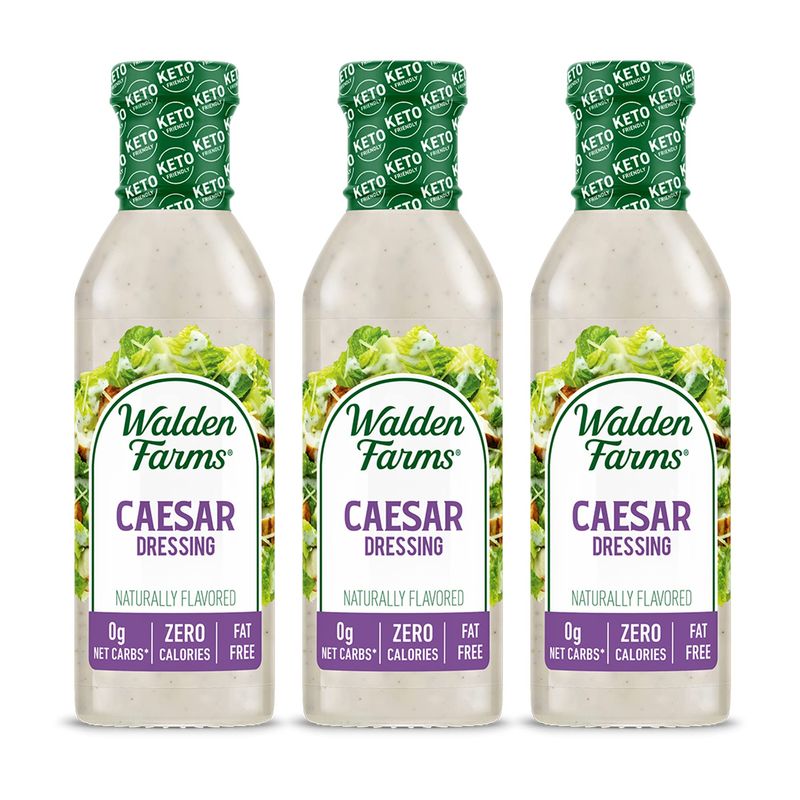Walden Farms Caesar Dressing 12 oz. Bottle (3 Pack) - Creamy &amp; Light Tangy Flavor, 0g Net Carbs Condiment, Kosher Certified - Natural Topping for Salads, Pasta, Burger, Marinade for Chicken and More