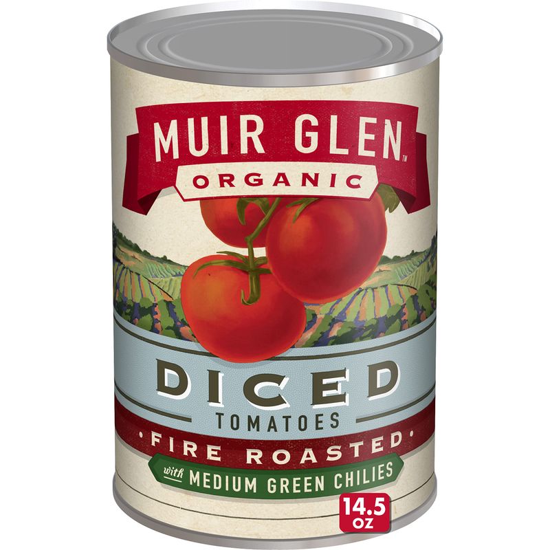 Muir Glen Organic Diced Fire Roasted Canned Tomatoes, with Medium Green Chilies, 14.5 oz.