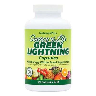 NaturesPlus Source of Life Green Lightning - 180 Vegetarian Capsules - All Natural High Energy Whole Food Supplement - Green Superfoods &amp; Digestive Enzymes - 45 Servings