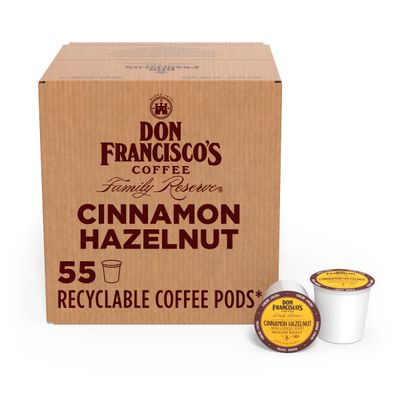 Don Francisco&#39;s Cinnamon Hazelnut Medium Roast Coffee Pods - 55 K-Cup Compatible Single-Serve Pods - 100% Arabica Flavored Coffee - Recyclable through TerraCycle - Family Crafted Since 1870