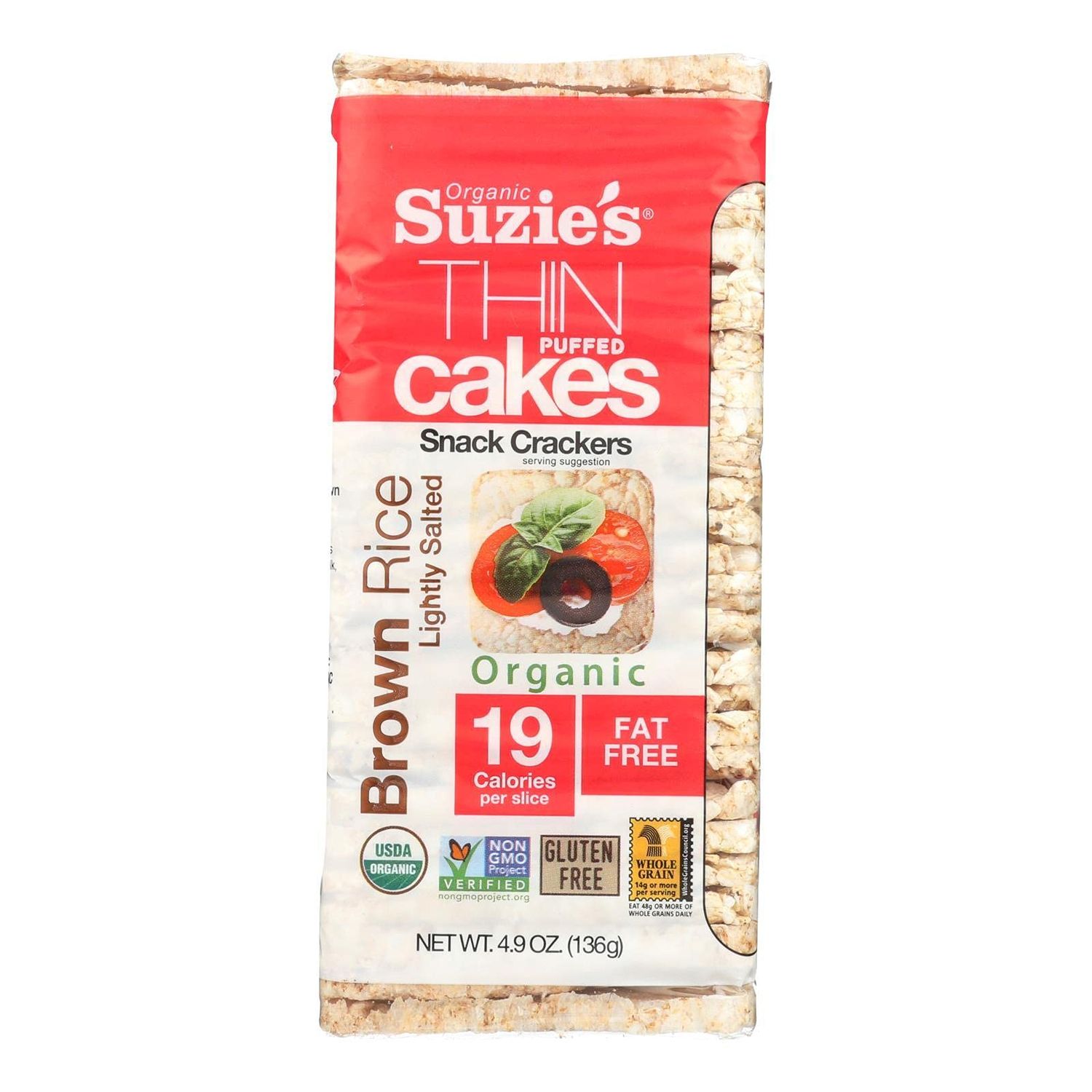 Suzie&#39;s Organic Brown Rice Cake Thins|12 Pack|Lightly Salted Low Sodium|USDA Organic, NON-GMO, Fat-Free, Sugar-Free, Gluten-Free|Low-Calorie Snack-20 Calories Per Slice|Bread &amp; Cracker Replacement