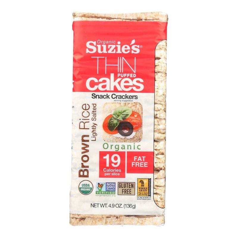Suzie's Organic Brown Rice Cake Thins|12 Pack|Lightly Salted Low Sodium|USDA Organic, NON-GMO, Fat-Free, Sugar-Free, Gluten-Free|Low-Calorie Snack-20 Calories Per Slice|Bread &amp; Cracker Replacement