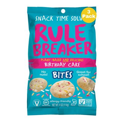 Rule Breaker Snacks Birthday Cake Bites | Vegan, Gluten-Free, Nut-Free, Allergen-Free, Soy-Free | Great for School, Office, Pantry | Soft-Baked, Better-For-You Cookie Bites | Pack of 3 4-oz Bags