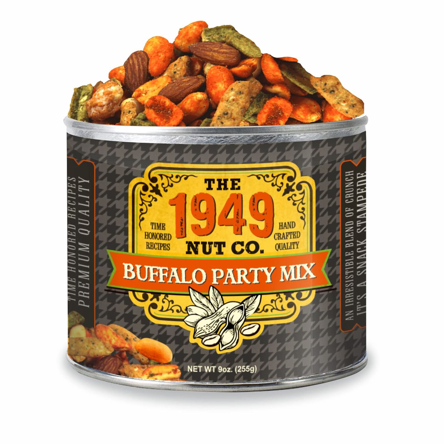 The 1949 Nut Co. Buffalo Party Mix | Assorted Flavored Fried Peanuts, Everything Sticks, Guacamole Bites, and Smoked Almonds Extra-Large, Hand-Cooked in USA with an Old Family Recipe, 9 oz. Small Can