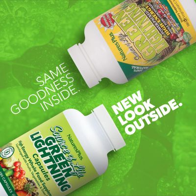 NaturesPlus Source of Life Green Lightning - 180 Vegetarian Capsules - All Natural High Energy Whole Food Supplement - Green Superfoods &amp; Digestive Enzymes - 45 Servings