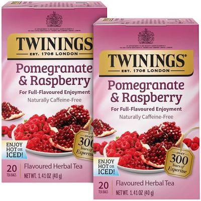 Twinings Pomegranate &amp; Raspberry Tea - Naturally Caffeine-Free Herbal Tea Bags Individually Wrapped, 20 Count (Pack of 2)