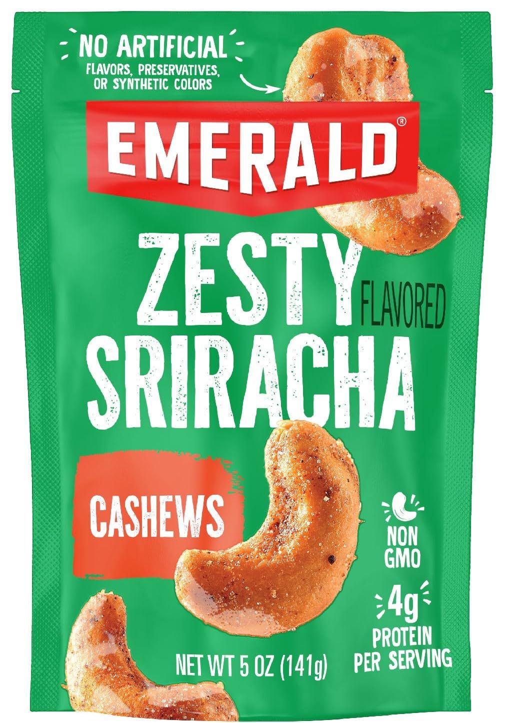 Emerald Nuts Sriracha Seasoned Cashews (1-Pack) | 5 Oz Resealable Bag | Kosher Certified, Non-GMO, Contains No Artificial Preservatives, Flavors or Synthetic Colors