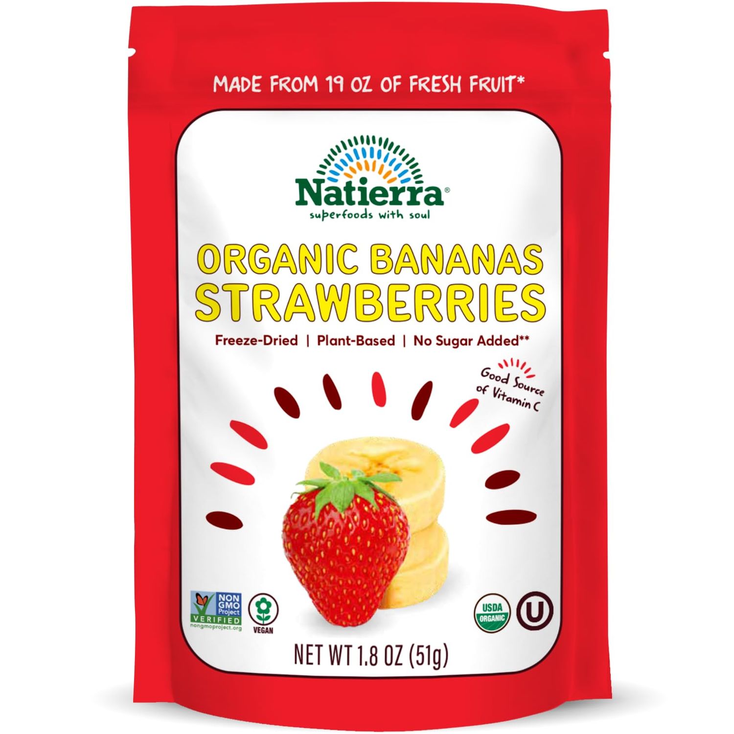NATIERRA Nature's All Foods Organic Freeze-Dried Bananas and Strawberries | Non-GMO &amp; Vegan | 1.8 Ounce