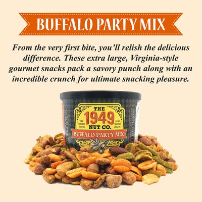 The 1949 Nut Co. Buffalo Party Mix | Assorted Flavored Fried Peanuts, Everything Sticks, Guacamole Bites, and Smoked Almonds Extra-Large, Hand-Cooked in USA with an Old Family Recipe, 9 oz. Small Can