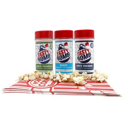 Flavorful Popcorn Seasoning Variety Pack - 3 Seasonings in White Cheddar, Ranch, Garlic Parmesan - Gluten-Free Keto Snack for Movie Nights &amp; Gifts by Tasty Bomb, 2.8-3 Oz.