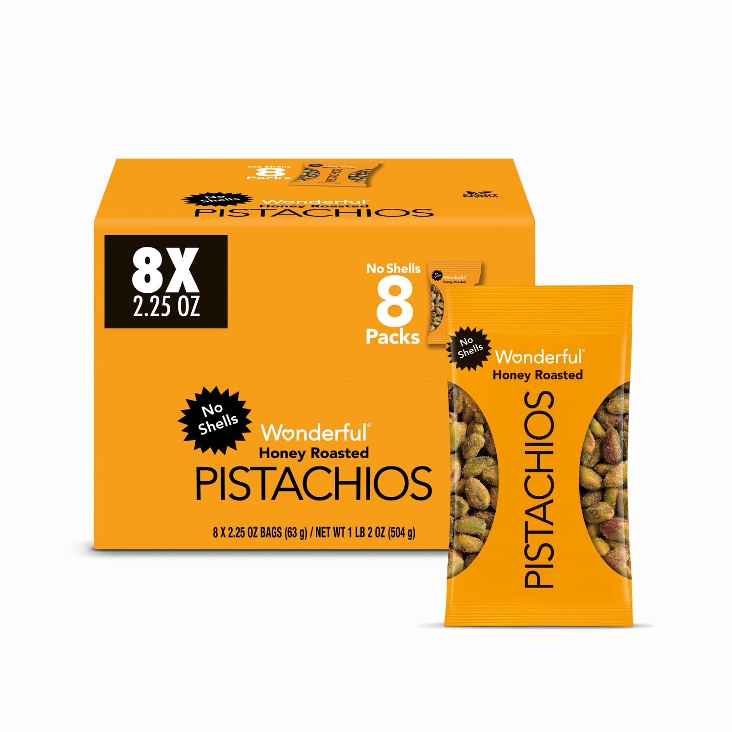 Wonderful Pistachios No Shells, Honey Roasted Nuts, 2.25 Ounce Bag (Pack of 8), Protein Snacks, Gluten Free, Healthy Snack