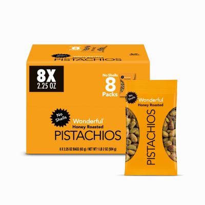 Wonderful Pistachios No Shells, Honey Roasted Nuts, 2.25 Ounce Bag (Pack of 8), Protein Snacks, Gluten Free, Healthy Snack