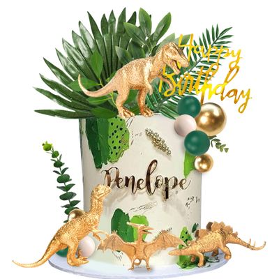 21 PCS Gold Dinosaur Cake Toppers Dinosaur Figures Green Ball Cake Decoration for Boy Girl Birthday Baby Shower Dinosaur Theme Party Supplies (Gold)