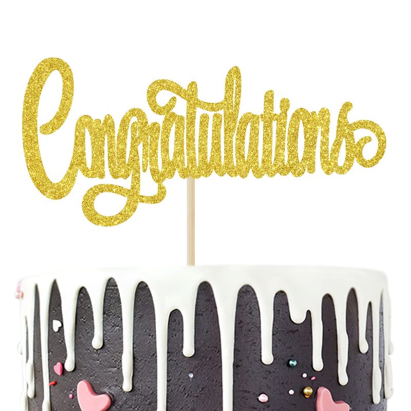 Congratulations Cake Topper, Congrats Grad Graduate, 2025 Graduation/Wedding/Birthday/Anniversary/Retirement Celebration Party Decorations Supplies, Gold Glitter